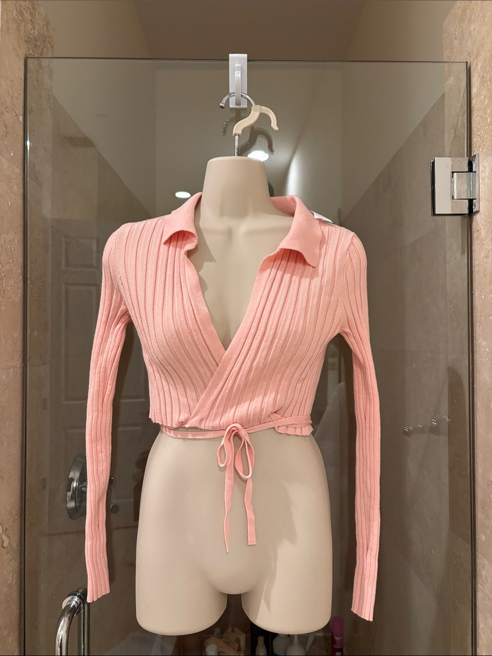 Women's Pink Ribbed Wrap Crop Top with Tie